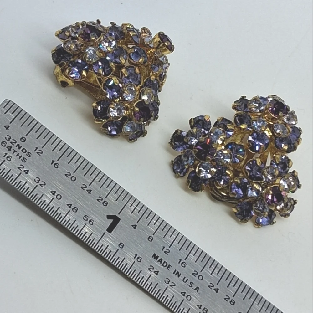 * Vintage Purple Austrian Crystal Flower Cluster Clip On Earrings